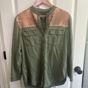 Anthropologie Green Utility Shirt  with Embellished bronze sequin shoulders sz 8